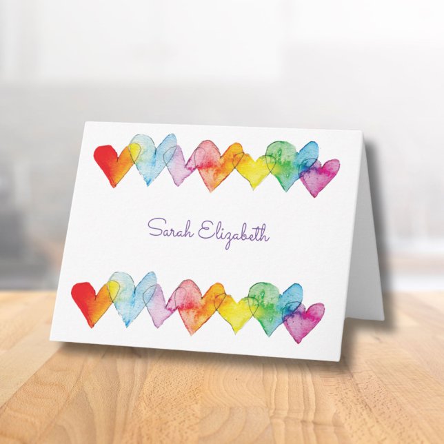 Aquarelle personnalisée Coeurs arc-en-ciel mignon  (These personalized hand-illustrated hearts note cards make a beautiful gift for her.)