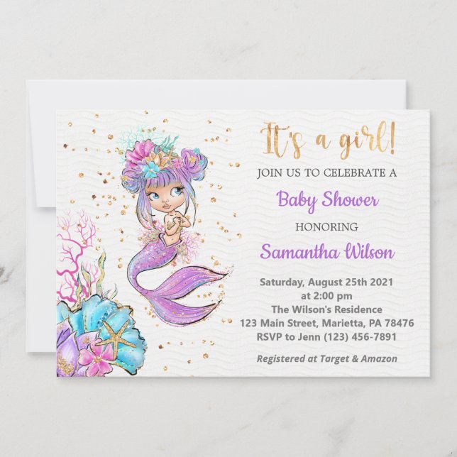 Aquarelle Petite Sirène Baby shower Invitation (Devant)