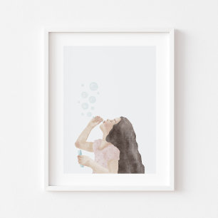 Aquarelle petites filles soufflant bulle poster