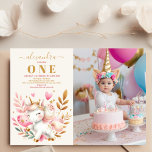 Aquarelle photo Unicorn Anniversaire Invitation 1è<br><div class="desc">Libérez la magie du premier jalon de votre petit avec notre Unicorn 1st Birthday Invitation. Réalisée avec des illustrations fantaisistes et des couleurs vibrantes, cette invitation enchanteresse donne le ton d'une fête remplie de joie et d'émerveillement. L'avant présente un charmant bébé licorne entouré d'étoiles chatoyantes, créant un charme irrésistible pour...</div>