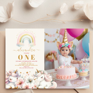 Aquarelle photo Unicorn Anniversaire Invitation 1è