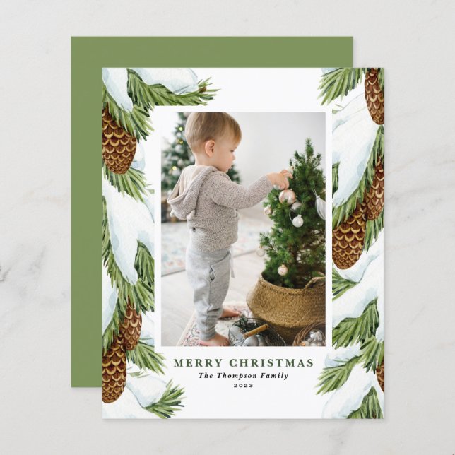 Aquarelle Pinecones neige photo Carte de Noël (Devant / Derrière)