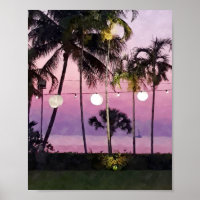 Aquarelle Pink Palm Tropical Beach Sunset Poster