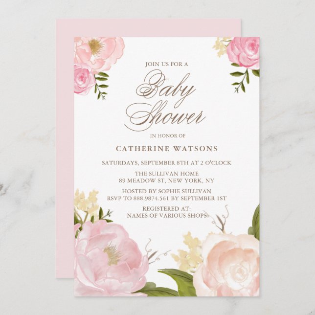 Aquarelle Pink Peonies Baby shower Invitation (Devant / Derrière)