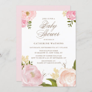 Aquarelle Pink Peonies Baby shower Invitation