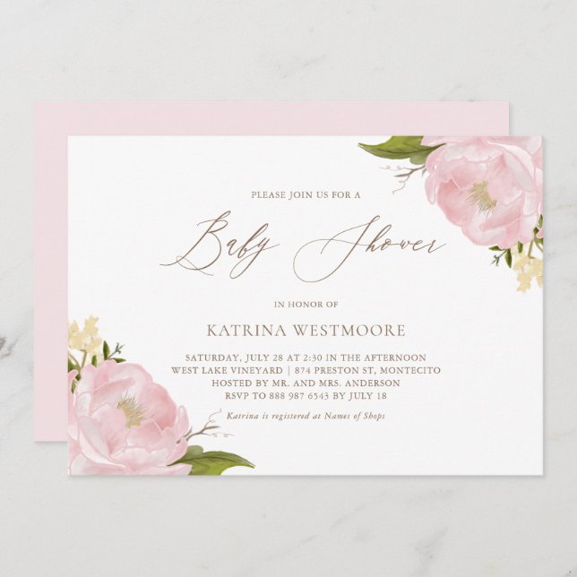 Aquarelle Pink Peonies Baby shower Invitation (Devant / Derrière)