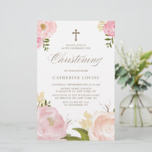 Aquarelle Pink Peonies Floral Christening Invitati