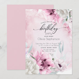 Aquarelle Pink Poppy Invitation de fête d'annivers