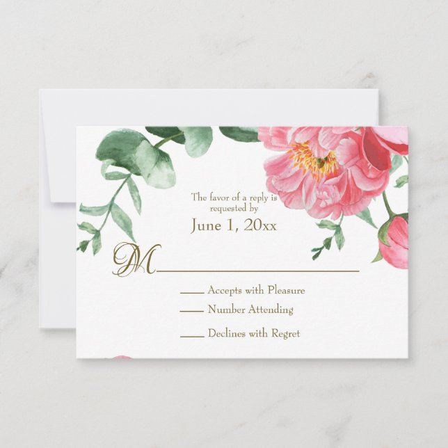 Aquarelle Pink & White Peonies Floral RSVP (Devant)