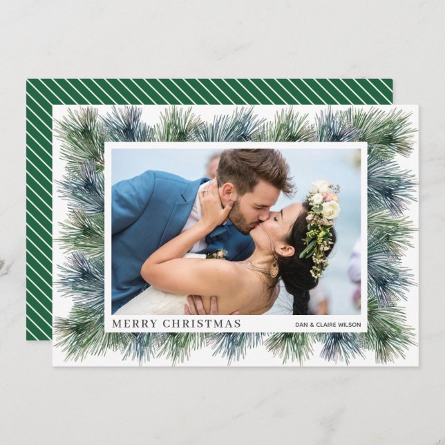 Aquarelle Pins d'hiver Cartes photos de Noël (Devant / Derrière)