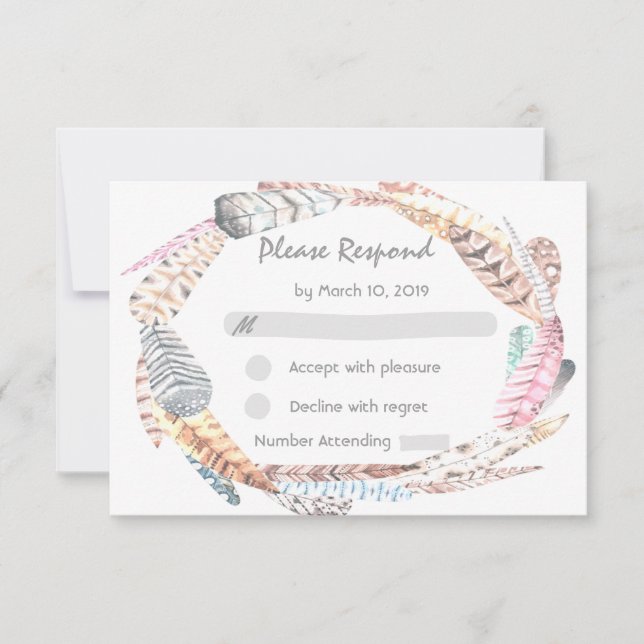 Aquarelle Plumes Rustique Bohème Mariage RSVP (Devant)