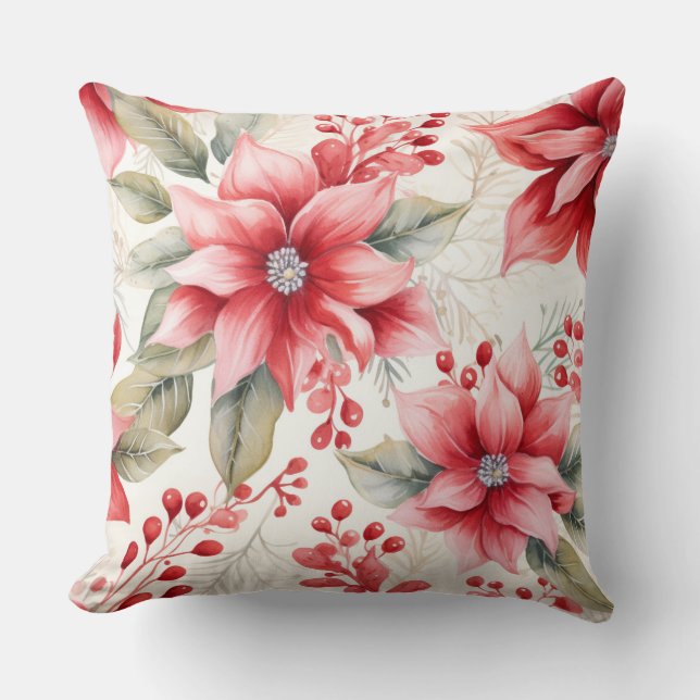Aquarelle Poinsettia Oreiller de Noël (Recto)
