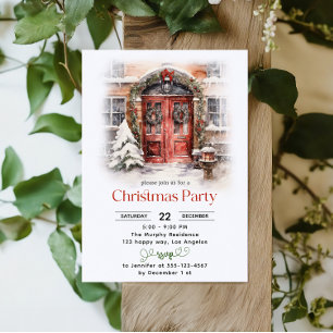 Aquarelle Porte rouge Fête de Noël Invitation