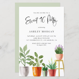 Aquarelle Poted Plante Sweet 16 Party Invitation