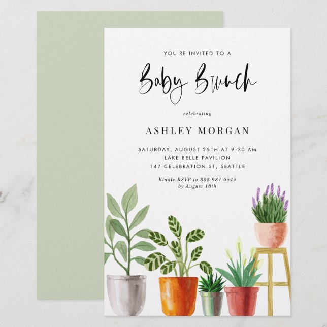 Aquarelle Poted Plantes Baby Brunch Invitation (Devant / Derrière)