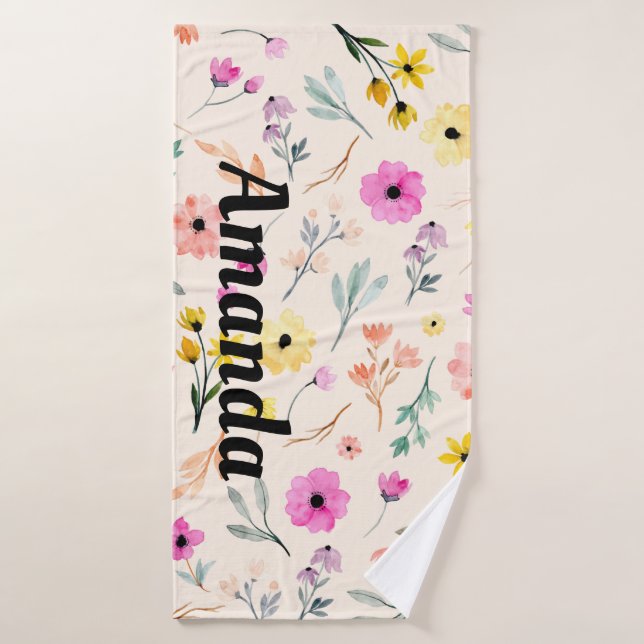Aquarelle printanière Floral Nom personnalisé (Serviette de bain)