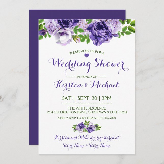 Aquarelle Purp Floral | Invitation Wedding shower (Devant / Derrière)