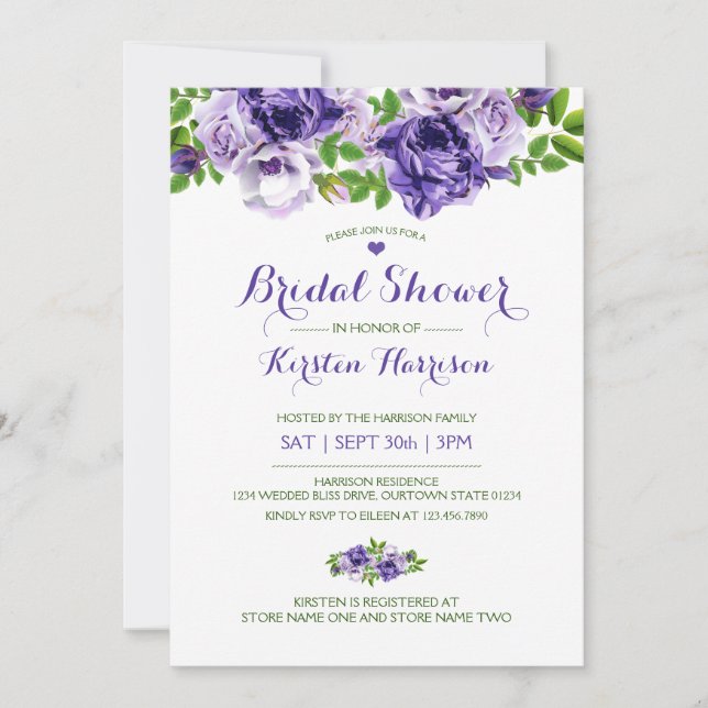 Aquarelle Purpl Floral | Invitation de douche nupt (Devant)
