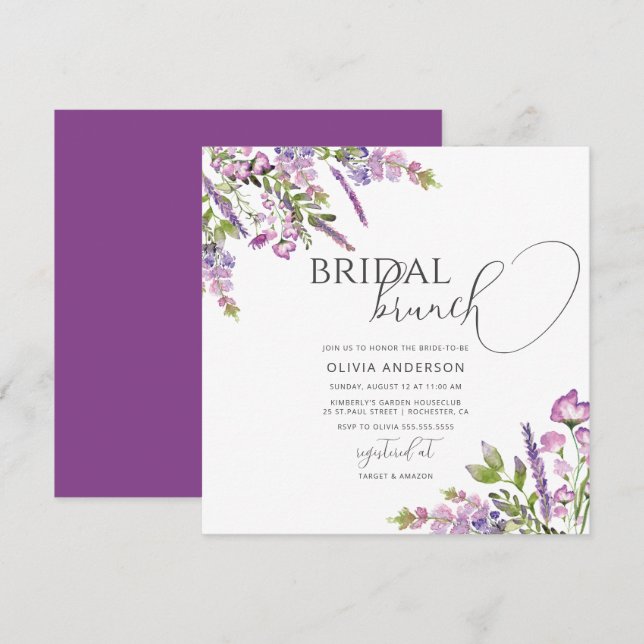 Aquarelle Purple Floral Bridal Brunch Invitation (Devant / Derrière)