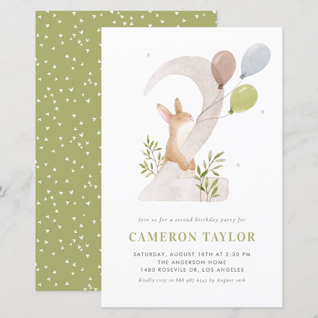Aquarelle Rabbit deuxième invitation anniversaire (Devant / Derrière)
