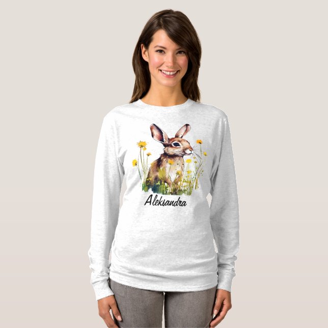 Aquarelle Rabbit Fleur Jaune Long Manche TShirt (Devant entier)