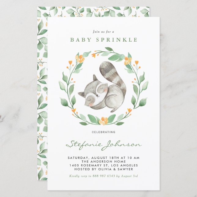 Aquarelle Raccoon Vert Baby Sprinkle Invitation (Devant / Derrière)