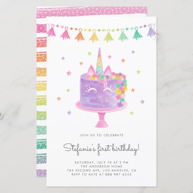 Aquarelle Rainbow Unicorn Cake Invitation d'annive (Devant / Derrière)