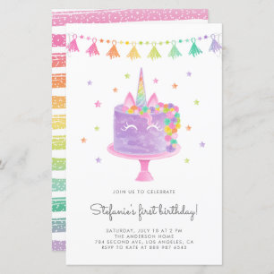 Aquarelle Rainbow Unicorn Cake Invitation d'annive