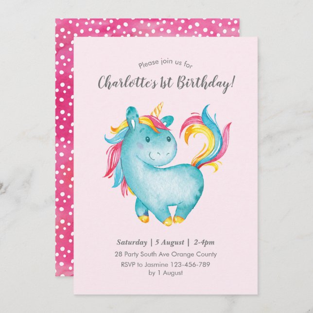 Aquarelle Rainbow Unicorn Invitation d'anniversair (Devant / Derrière)