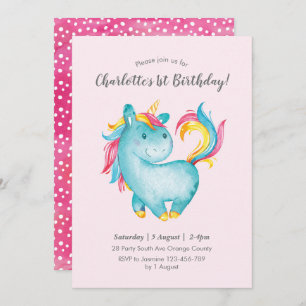 Aquarelle Rainbow Unicorn Invitation d'anniversair