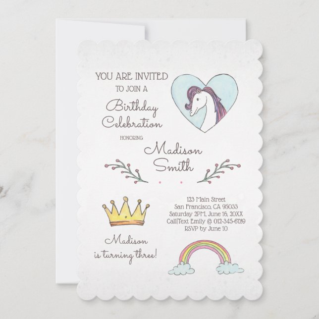 Aquarelle Rainbow Unicorn Invitation d'anniversair (Devant)
