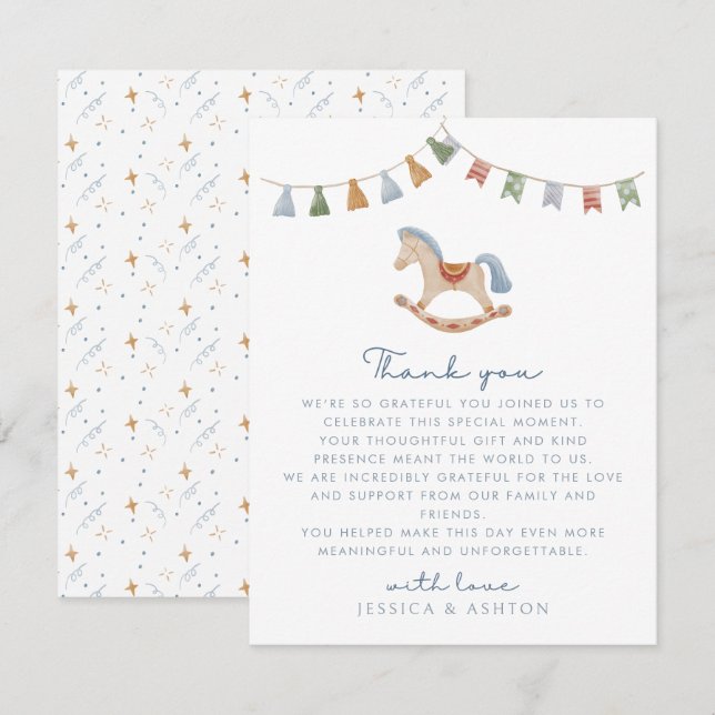 Aquarelle Rocking Horse, carte de remerciements. (Devant / Derrière)