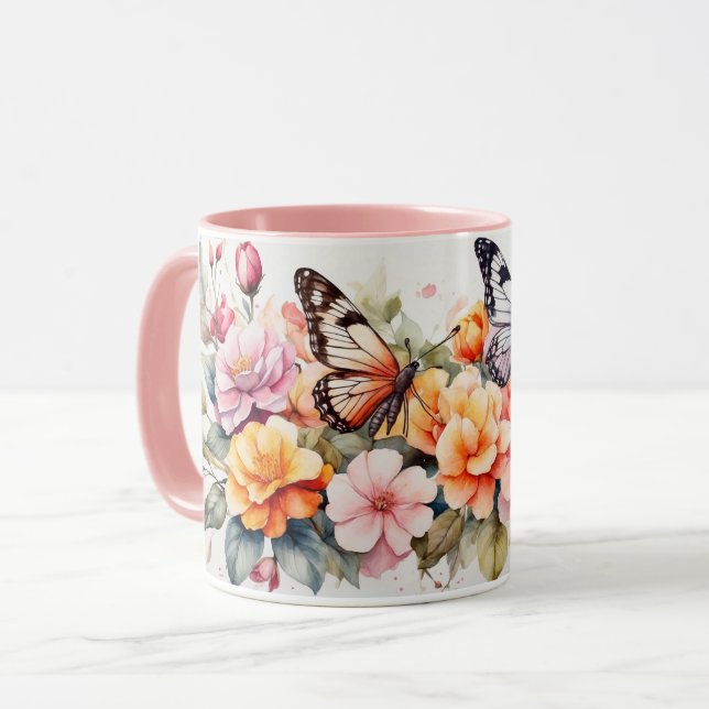 Aquarelle Romantique Élégant Papillon Fleurs Mug (Devant gauche)