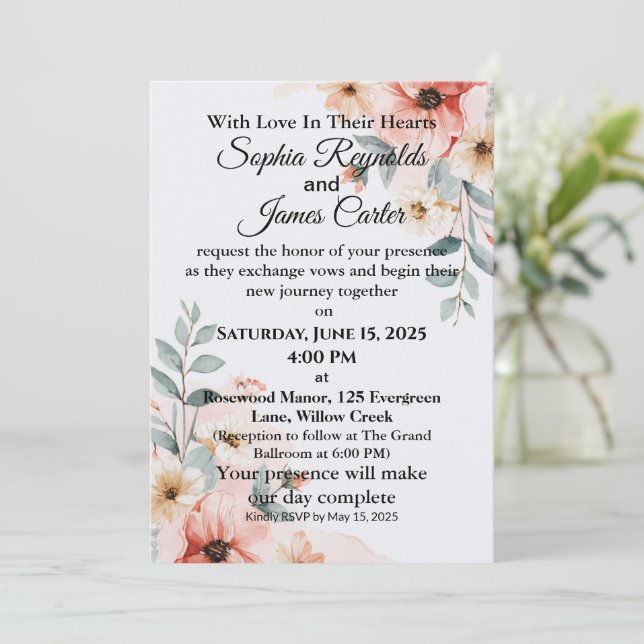 Aquarelle romantique Faire-part de mariage florale (Debout devant)