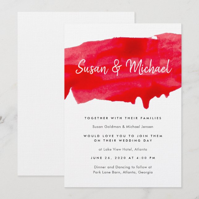Aquarelle romantique Faire-part de mariage rouge (Devant / Derrière)