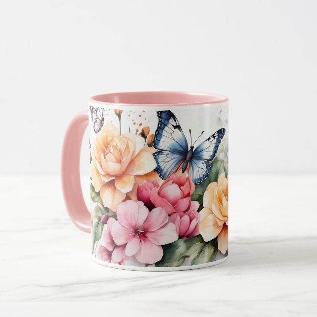 Aquarelle Romantique Papillon rose Mug (Devant gauche)