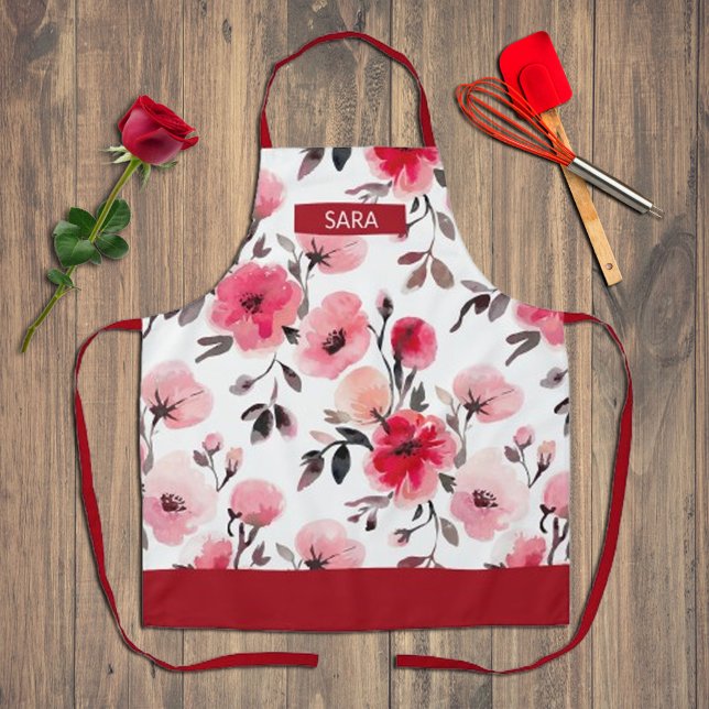 Aquarelle romantique - Tablier Floral - rose incol (Romantic Watercolor Floral Apron – Seamless Pink #valentinedaygift #galentinedayapron #watercolorred)