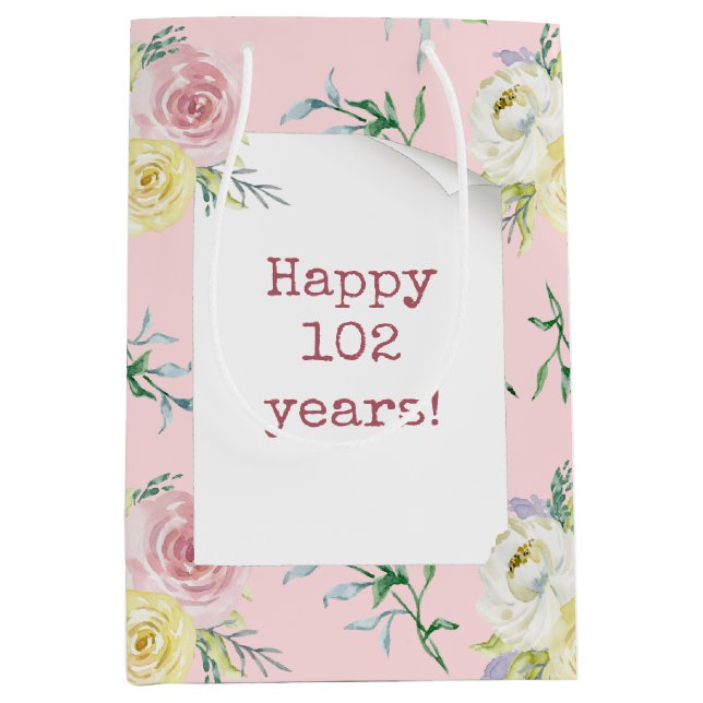 Aquarelle Rose 102e Anniversaire Sac Cadeau Moyen (Devant)