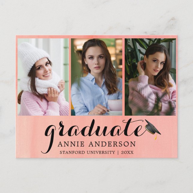 Aquarelle rose 3 Photo Graduation Invitation (Devant)