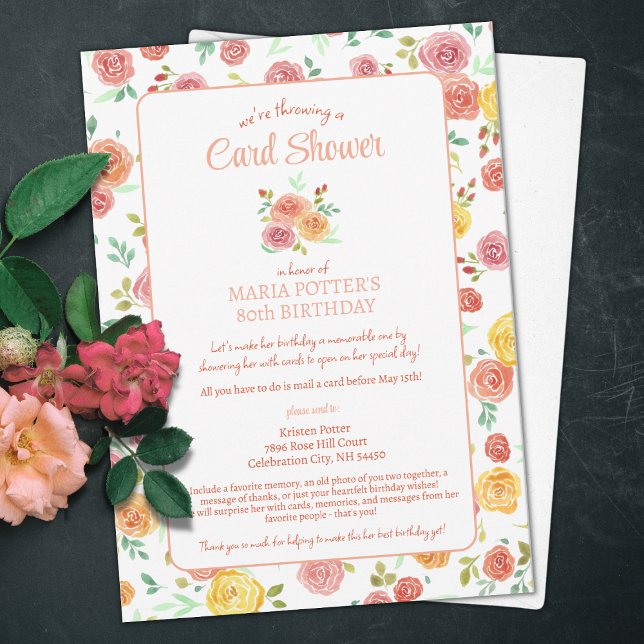 Aquarelle Rose 80e carte d'anniversaire Douche (Créateur téléchargé)