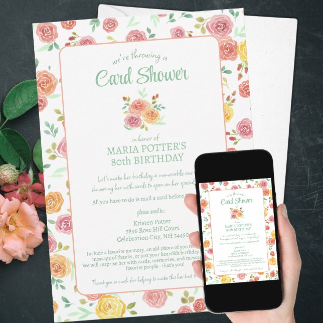 Aquarelle Rose 80e carte d'anniversaire Douche (Créateur téléchargé)