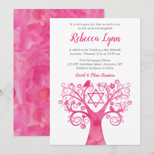 Aquarelle rose Arbre de vie Bat mitzvah Invitation