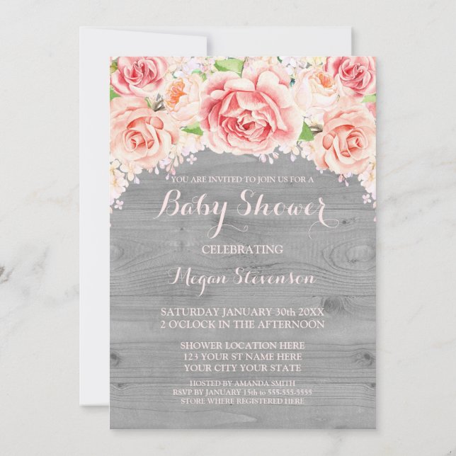 Aquarelle rose Baby shower bois Invitation (Dos)