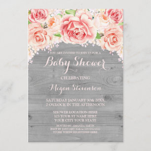 Aquarelle rose Baby shower bois Invitation