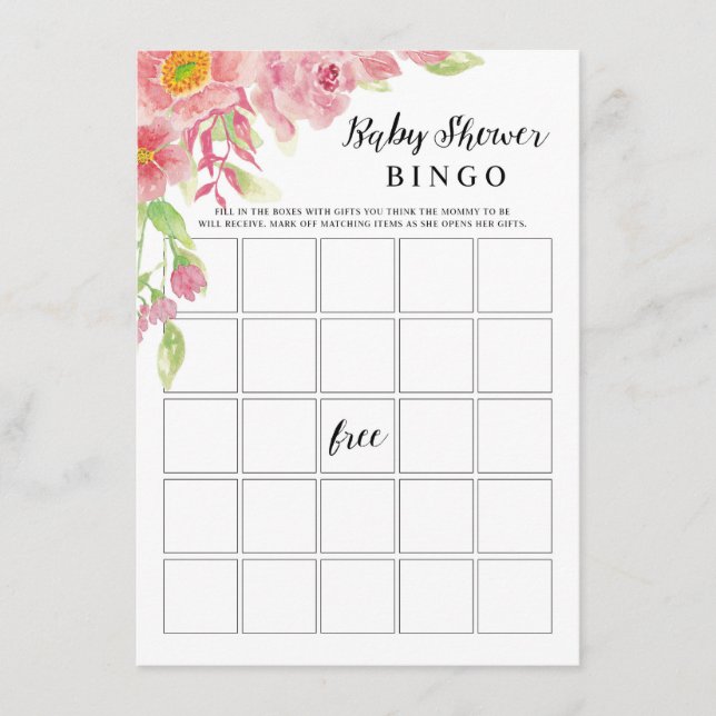 Aquarelle rose Baby shower Floral Bingo Carte de j (Devant)