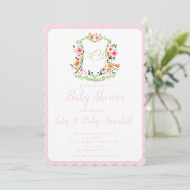 Aquarelle rose Baby shower Floral Crest Invitation (Debout devant)