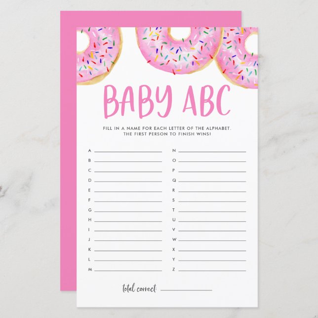 Aquarelle rose beignets Baby ABC Baby shower Jeu (Devant / Derrière)