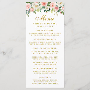Aquarelle Rose Blanc Floral Mariage Gold Menu