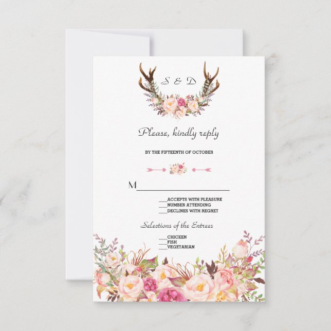 Aquarelle rose Blush Floral Antlers Mariage RSVP (Devant)