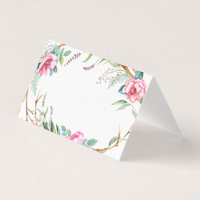 Aquarelle rose Bohême Wreath Floral Place Card (Front)